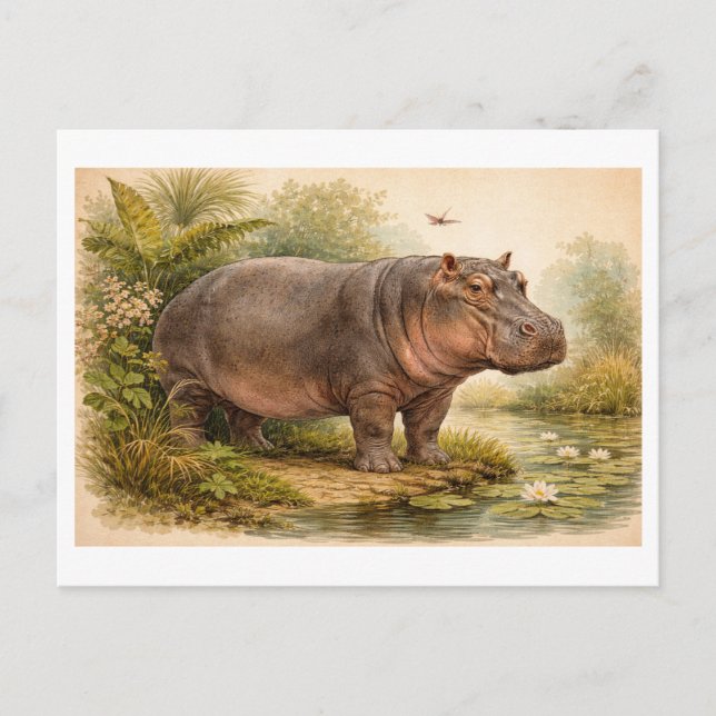 Carte Postale Vintage-Style Hippo Illustration (Devant)