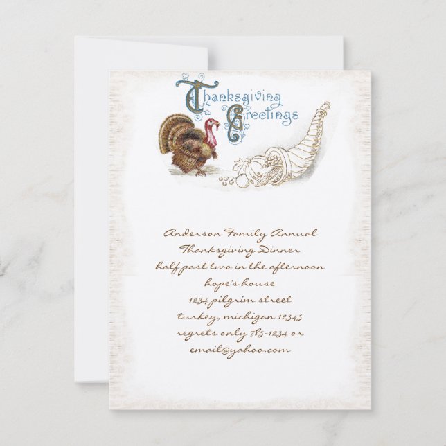 Carte postale vintage Thanksgiving Turquie Invitat (Devant)