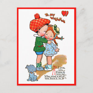 Carte Postale Vintage Valentine mignonne fille & garçon avec chi