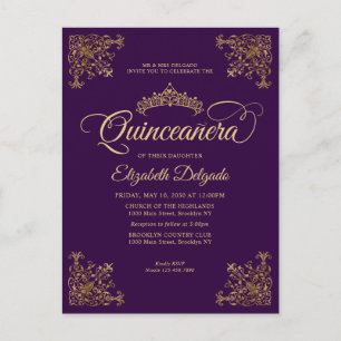 Carte Postale Vintage Violet Gold Frame Tiara Quinceanera