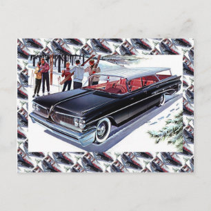 Carte Postale Vintage voiture publicité, Ski en voiture