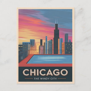 Carte Postale Vintage voyage Chicago Sunset Skyline Cityscape