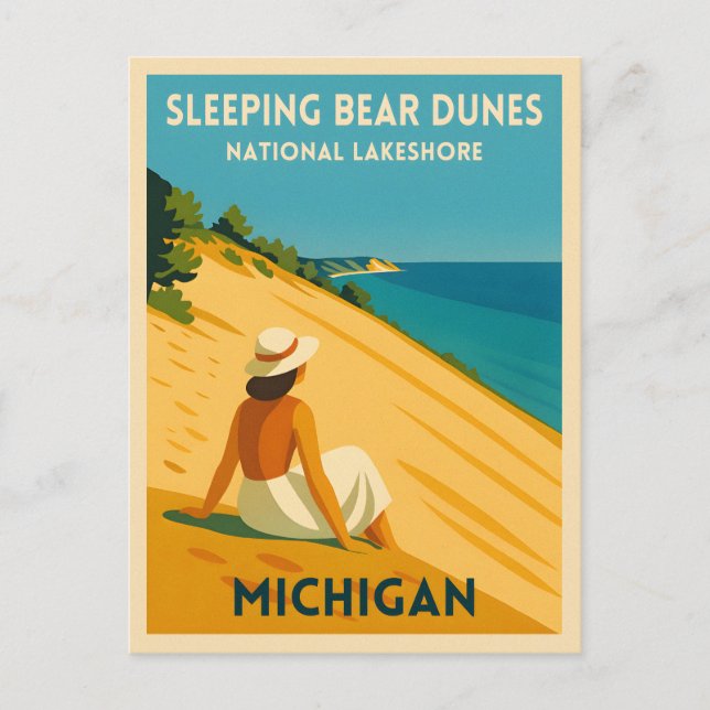 Carte Postale Vintage voyage rétro Michigan Dunes d'ours couchag (Devant)