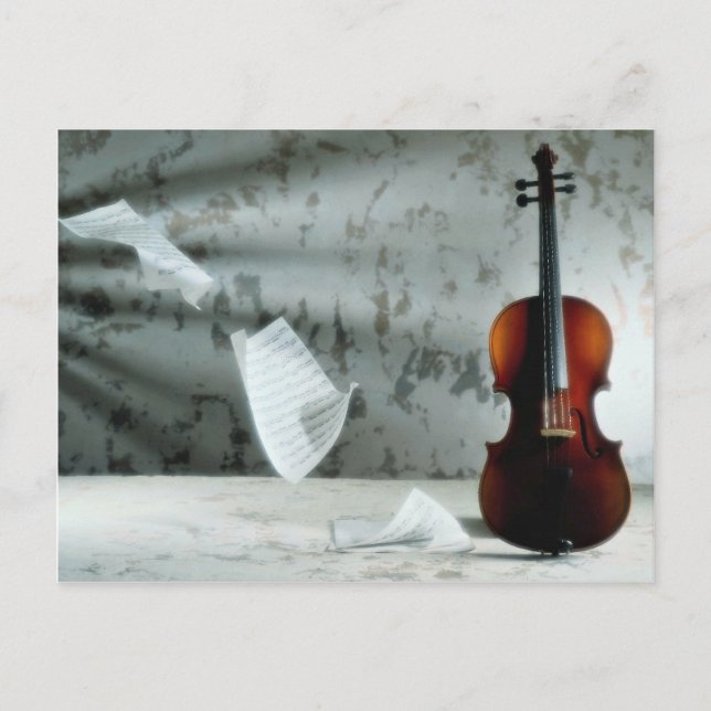 Carte Postale Violon avec feuilles de musique flottant (Devant)