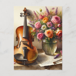 Carte Postale Violon, Partition et un Vase de Fleurs