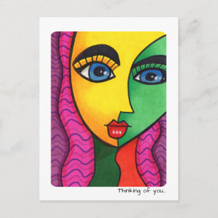 Carte Postale Visage de Fille Abstrait Coloré qui te Pense