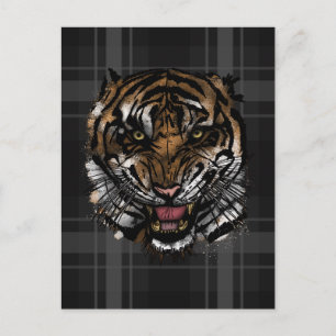 Carte Postale Visage de Tigre Férocé Grunge Carreaux Streetwear