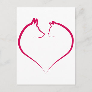 Carte Postale Visages de chat et de chien en silhouette de coeur