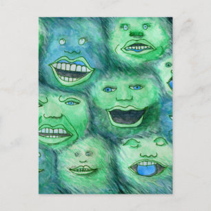 Carte Postale Visages Drôle. Monstres de dessin amusants. Vert.