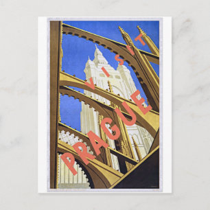 Carte Postale Visit Prague Vintage Travel Poster Art