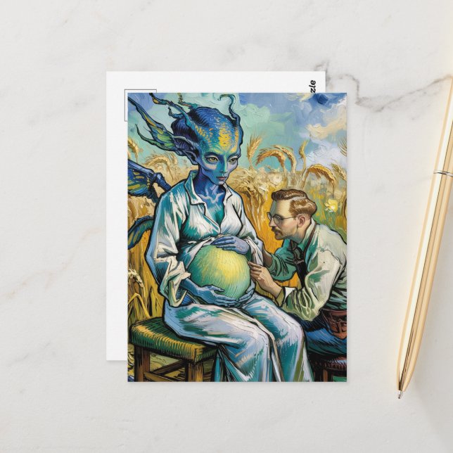 Carte Postale Visite d'un médecin Alien dans le champ de blé (Devant/Arrière en situation)