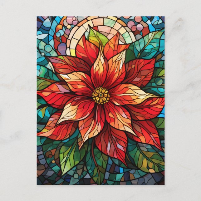 Carte Postale Vitraux de Noël Fleur rouge Poinsettia (Devant)