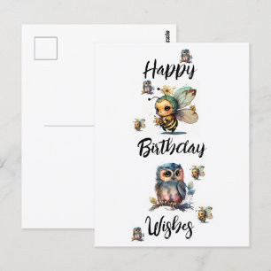 Carte Postale VOEUX D'ANNIVERSAIRE Chouettes et Abeilles Cart