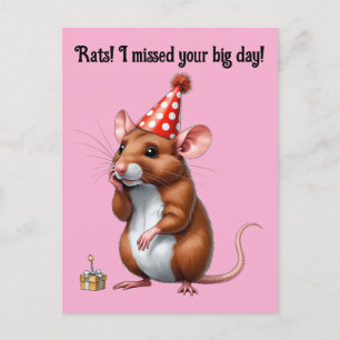 Carte Postale Vœux d'anniversaire tardifs avec un rat mignon