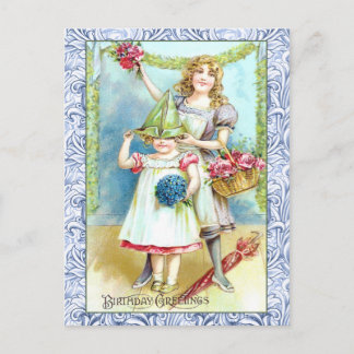Carte Postale Voeux d'anniversaire vintages et deux filles