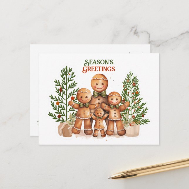 Carte Postale Vœux de Noël Famille pain d'épices (Devant/Arrière en situation)