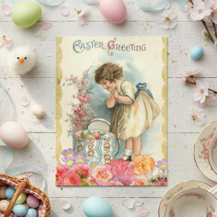 Carte Postale Vœux de Pâques vintage Fille de printemps Œufs Fle