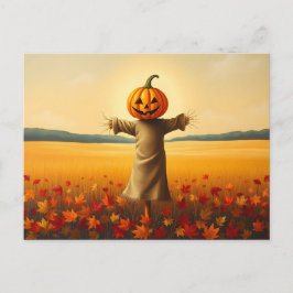 Carte Postale Vogelscheuche mit Kürbiskopf im Herbst Laub