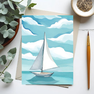 Carte Postale Voile dans le bleu   Vagues d'océan aquarelle aqua