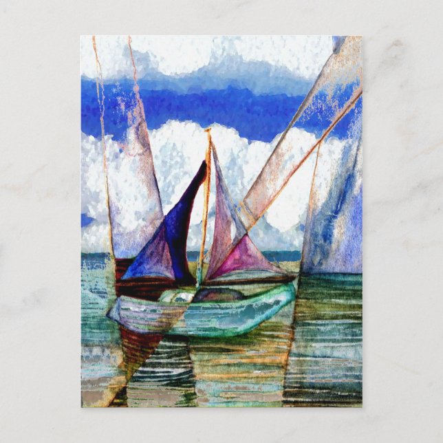 Carte Postale Voilier Abstrait Ciel bleu nuages fluffy (Devant)