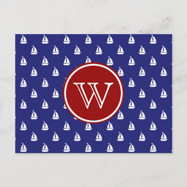 Carte Postale Voilier nautique en bleu avec Monogramme rouge (Devant)