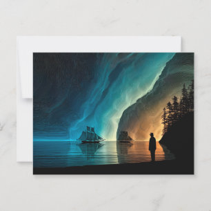 Carte Postale Voiliers, Northern Lights, littoral rocheux