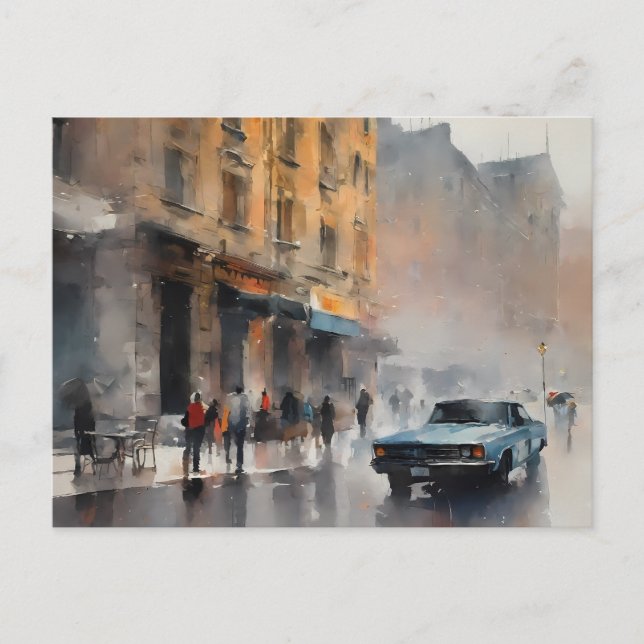 Carte Postale Voiture bleue vintage à Foggy Cityscape (Devant)
