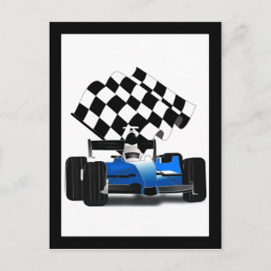 Carte Postale Voiture Blue Race avec drapeau À damiers
