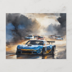 Carte Postale Voiture Blue Race avec le Soleil Rising