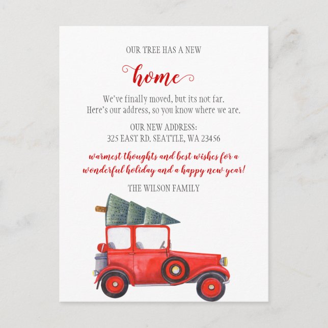 Carte Postale Voiture d'arbre de Noël Nous avons déménagé Holida (Devant)