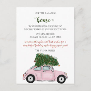 Carte Postale Voiture d'arbre de Noël rose Nous avons déménagé v