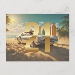 Carte Postale Voiture de sport vintage plage tropicale 21e anniv