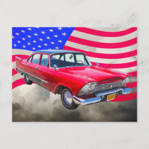 Carte Postale Voiture Plymouth Savoy 1958 Avec Drapeau Américain