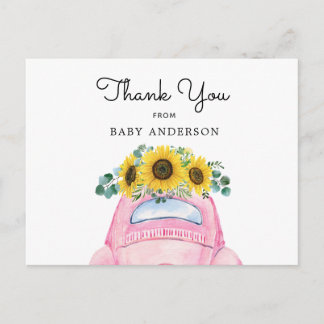 Carte Postale Voiture rose et Merci tournesol