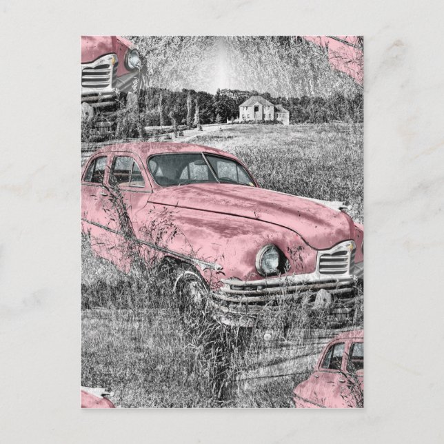 Carte Postale voiture rose vintage (Devant)