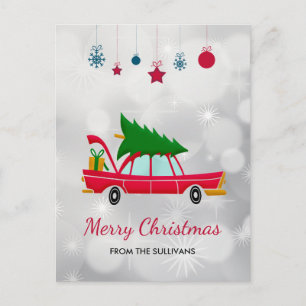 Carte Postale Voiture rouge rétro portant un arbre de Noël