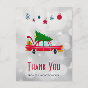 Carte Postale Voiture Rouge Rétro Transportant un Sapin de Noël 