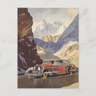 Carte Postale Voiture Vintage sur Mountain Road en hiver avec ne