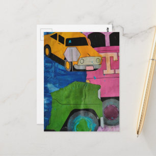 Carte Postale Voitures et camions couleurs vives collage de médi