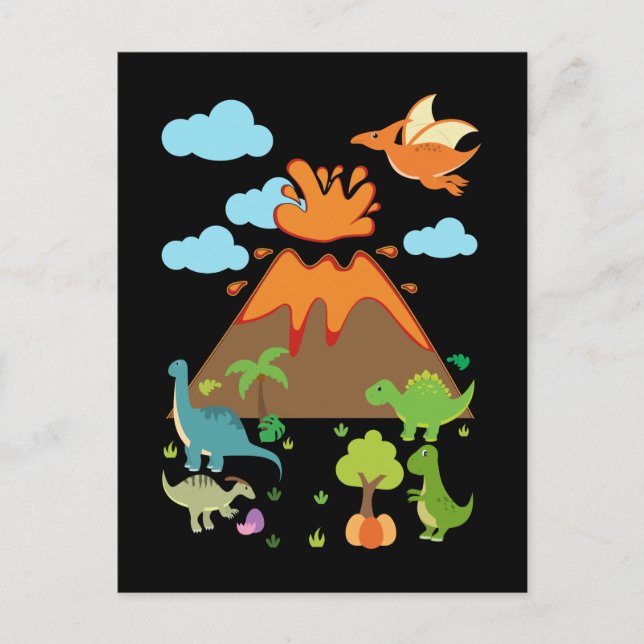 Carte Postale Volcan et garçons filles dinosaures drôles (Devant)