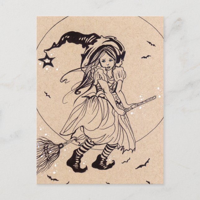 Carte Postale Voler avec moi petit balai sorcière halloween cart (Devant)