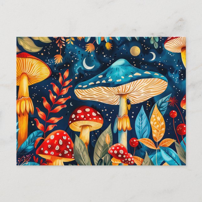 Carte Postale Voler Les Champignons Agariques Sous Plein Lune (Devant)