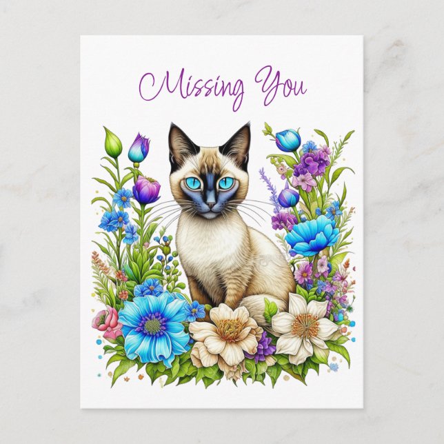 Carte Postale Vous avez manqué | Aquarelle Chat siamois en Fleur (Devant)