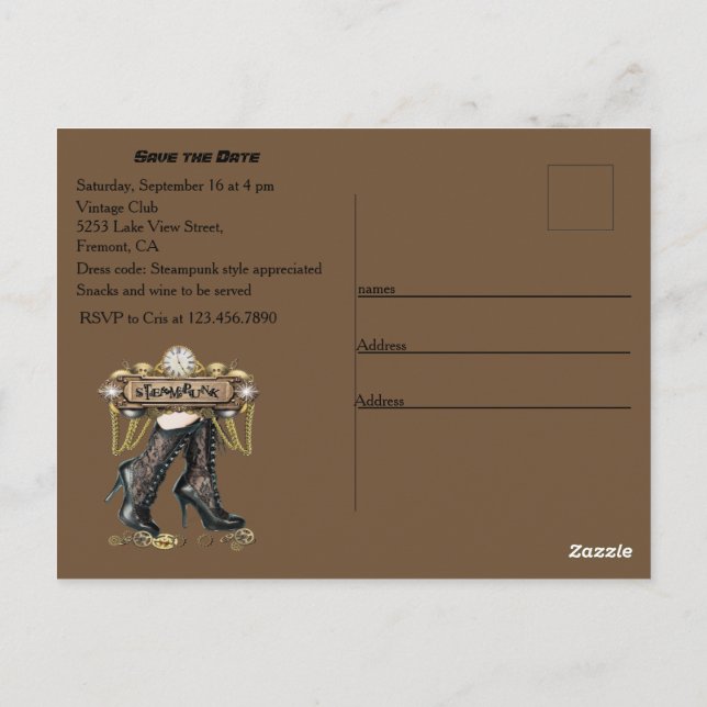Carte Postale Vous êtes invité à ma soirée de réunion Steampunk (Dos)