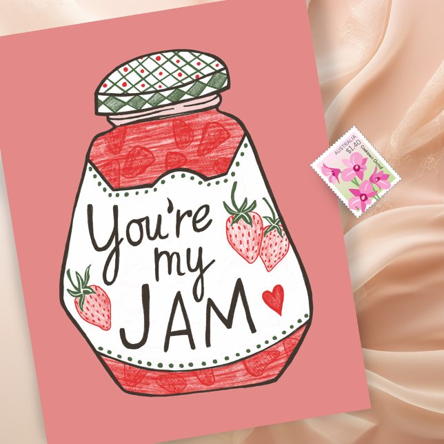 Carte Postale VOUS ÊTES MA Fraise JAM Illustration Personnalisat (YOU ARE MY JAM Strawberry Illustration Custom Love Postcard valentine galentine friendship romance)
