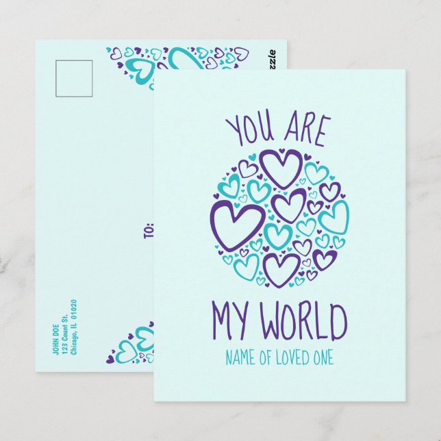 Carte Postale Vous êtes mon monde Bleu Coeurs pourpres pour Aimé (Devant / Derrière)