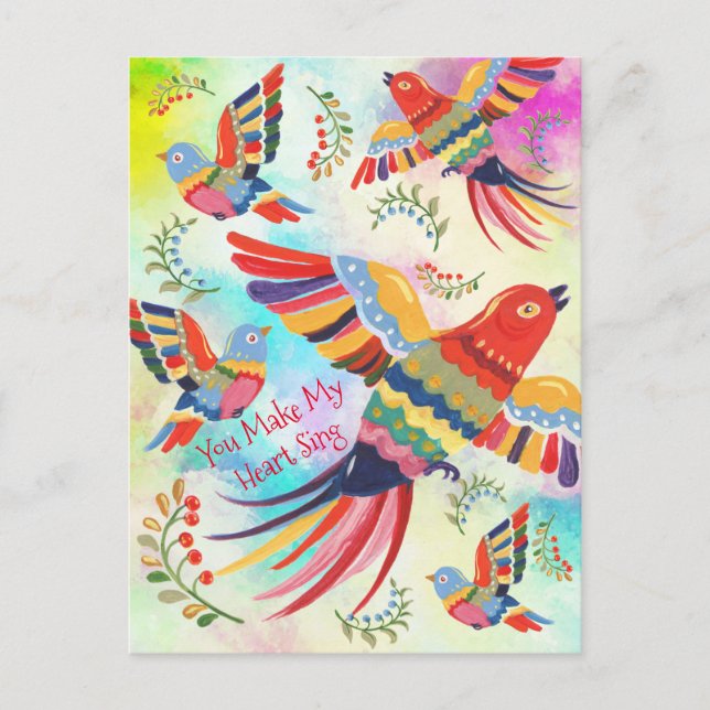 Carte Postale Vous Faites Chanter Mon Coeur Folk Art Birds Tie D (Devant)