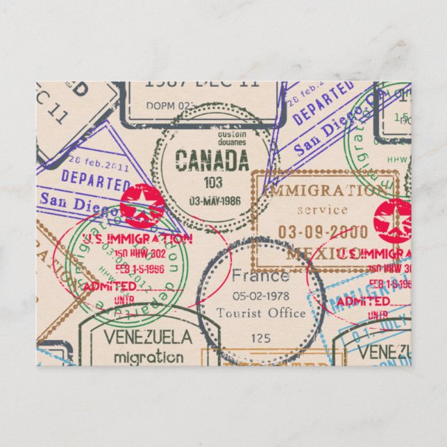 Carte Postale Voyage de timbres de passeport (Devant)
