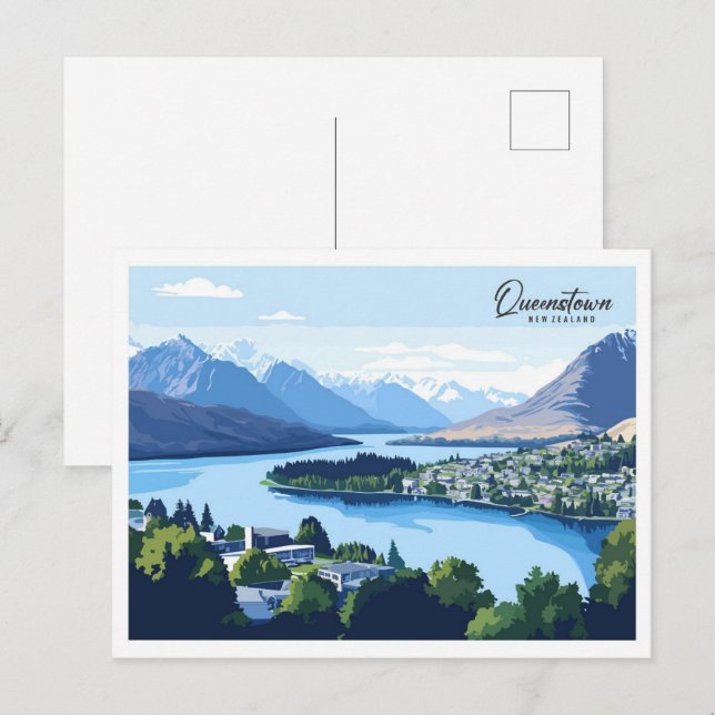 Carte Postale Voyage d'illustrations Queenstown en Nouvelle-Zéla (Devant / Derrière)