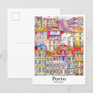 Carte Postale Voyage Porto Portugal Aquarelle Dessinée à la Main